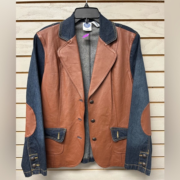 DG2 by Diane Gilman Jackets & Blazers - DG2 by Diane Gilman Brown Leather and Blue Denim Jacket